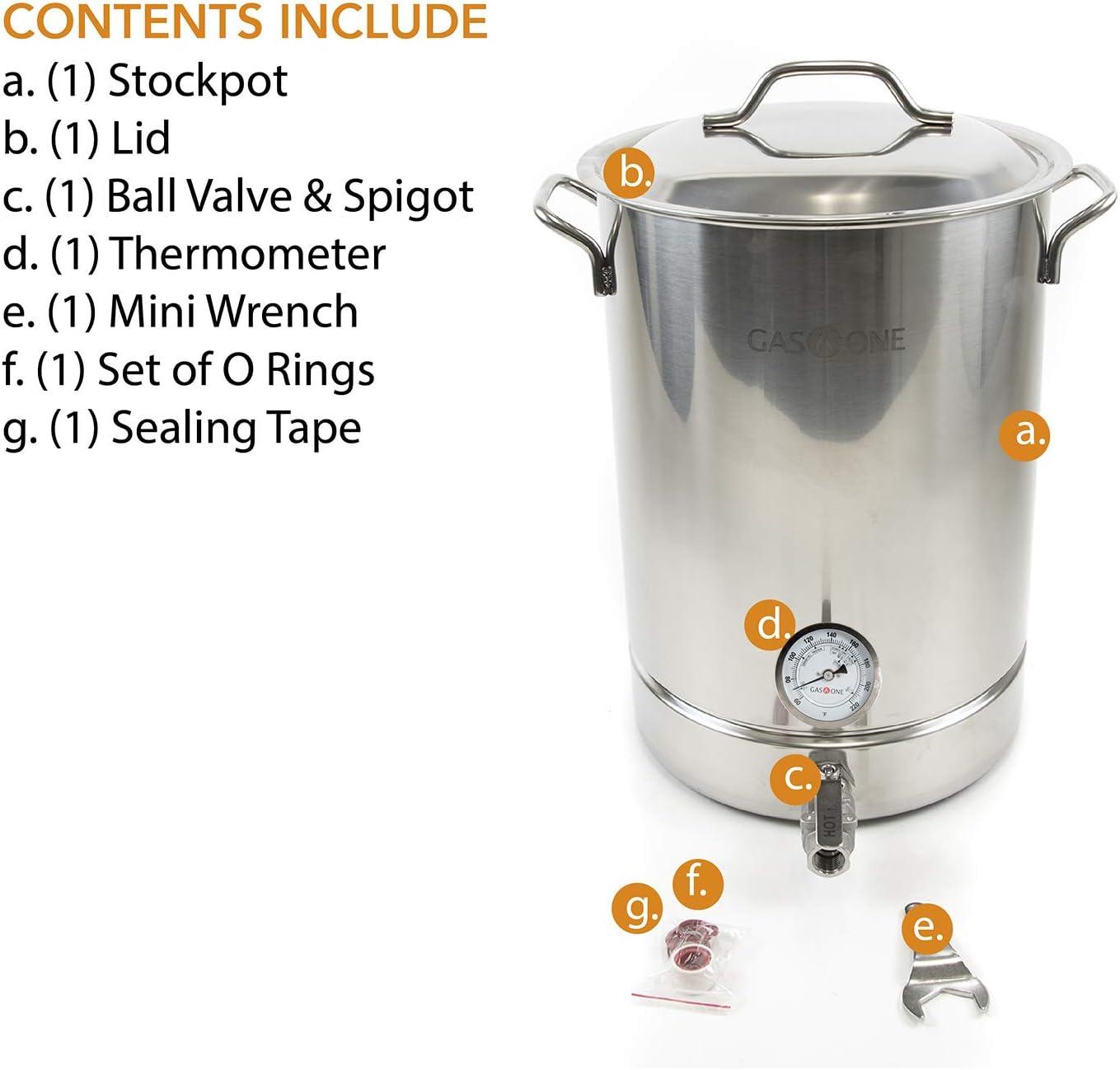 imageGasOne 10 Gallon Stainless Steel Home Brew Kettle Pot Pre Drilled 4 PC Set 40 Quart Tri Ply Bottom for Beer Brewing Includes Stainless Steel Lid Thermometer Ball Valve Spigot Home Brewing Supplies32 Quarts
